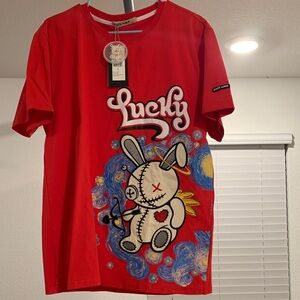 Lucky Brand Red Mens Tee with Artistic Bunny Design